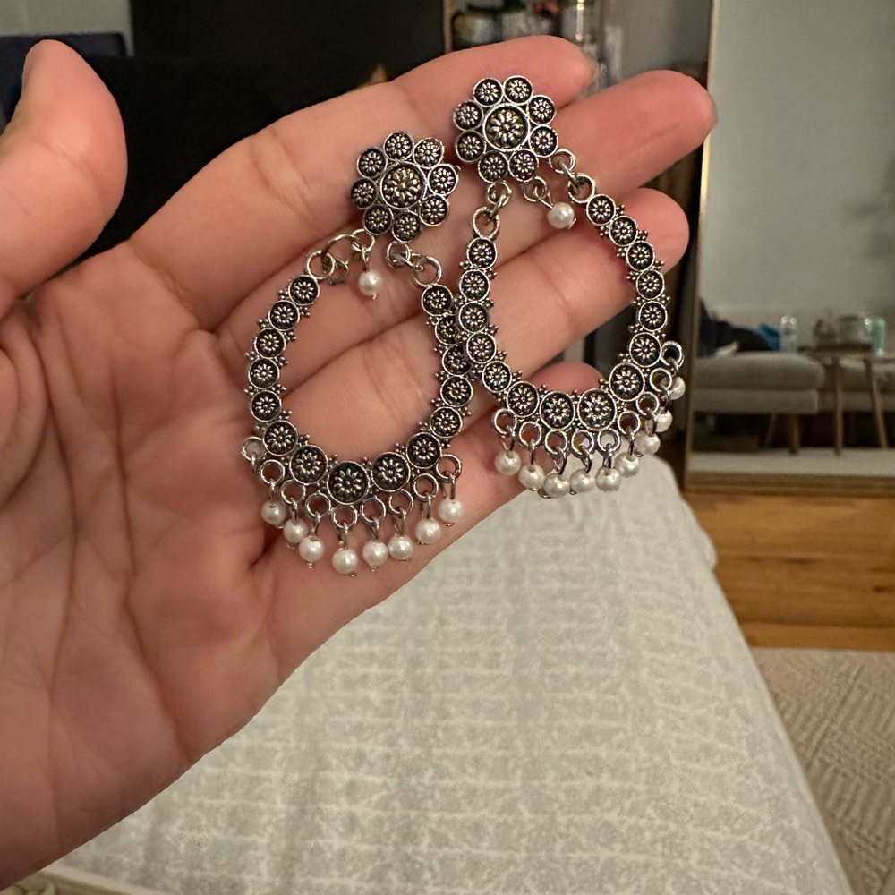 Bohemian Silver-Tone Floral Hoop Earrings with Pearl Charms